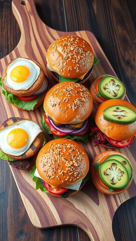 A collection of gourmet burgers with colorful toppings on a wooden board.